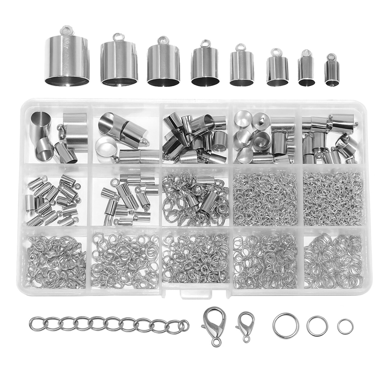 Crafts Silver Tone Leather Cord End Caps for Jewelry Making, Tassel Caps, 4mm to 12mm 840 PCs Cylinder Cord Ends, Kumihimo Supplies and Jewelry Findings